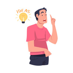 Young Man with Glowing Light Bulb Having Idea Vector Illustration