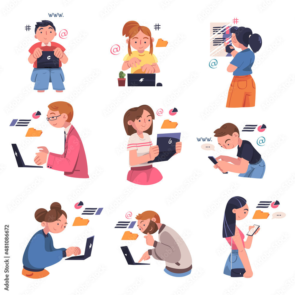 Poster people character working with information sitting at laptop analyzing data vector illustration set