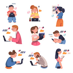 People Character Working with Information Sitting at Laptop Analyzing Data Vector Illustration Set