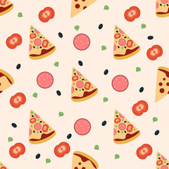 Pizza pattern with mushrooms and tomatoes on a light background
