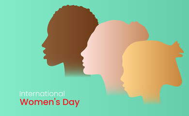 International Women's Day. The contour of the girls' faces. Vector illustration for the holiday in the form of a profile of the face of girls from different continents of the earth.