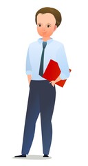Pretty boy student. Cheerful guy. Standing pose. Cartoon flat design in comic style. Single character. Illustration isolated on white background. Vector