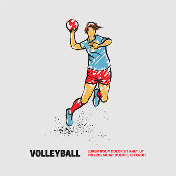 Professional volleyball player jumps and hits the ball. Vector outline of volleyball sport with scribble doodles style drawing.