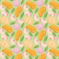 Fruit seamless pattern for textile products, peach and mango pieces, bone and leaves in a flat style . Vector illustration