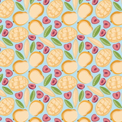 Fruit seamless pattern for textile products, cherry and mango pieces, bone and leaves in a flat style . Vector illustration