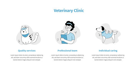 Pet veterinary clinic line icon set for mobile app, web template. Sick pet, animal, cat, dog for veterinarian sticker template. Doodle line style animal and character. Vector illustration.