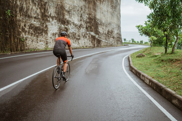 Obraz premium male cyclist riding his bike in country side shoot from the back