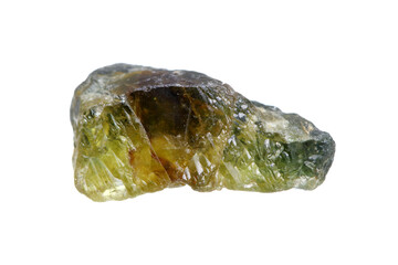 Natural rough sphene (titanite) gemstone on white background , a titanium-rich mineral group. The...