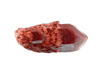Natural red phantom quartz crystal on white background (shallow DOF)
