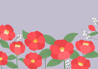 Illustration of red camellia flowers and small white flowers.