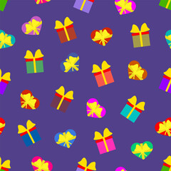 Gifts boxes and hearts with ribbon bow. Vector festive background seamless repeating pattern. Editable template.