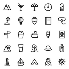 Outline icons for summer holiday beach tourism travel.