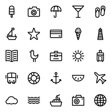 Outline icons for summer holiday beach tourism travel.