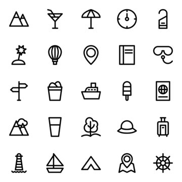 Outline icons for summer holiday beach tourism travel.