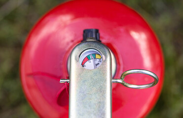 Fire extinguisher manometer close up. Fire extinguisher operating pressure concept, fire...