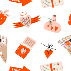 valentine's day pattern. Desing doodle elements on a white seamless background. A jar with hearts, a love story, chocolate, a bouquet of flowers, strawberries, a pointer, a decoration. Vector