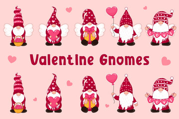 Collection of cute gnomes with hearts. Set of garden gnomes for Valentine's Day. Romantic cute elves. Isolated vector.