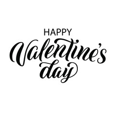 Happy Valentine’s Day hand lettering, black ink brush calligraphy isolated on white background.