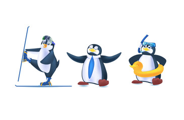 cute penguins animals icons set antarctic birds full length horizontal