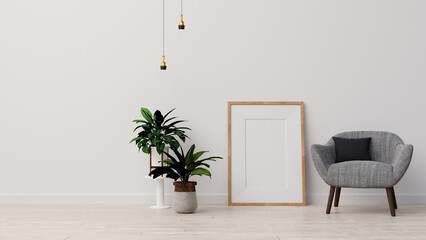 Interior mock up living room with armchair ,TV on cabinet in modern living room with lamp,table,flower and plant on wooden wall background,3d rendering