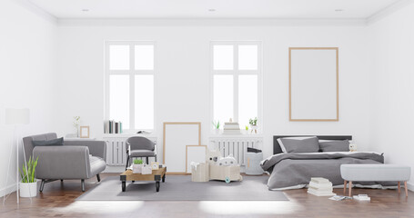 Interior mock up living room with armchair ,TV on cabinet in modern living room with lamp,table,flower and plant on wooden wall background,3d rendering