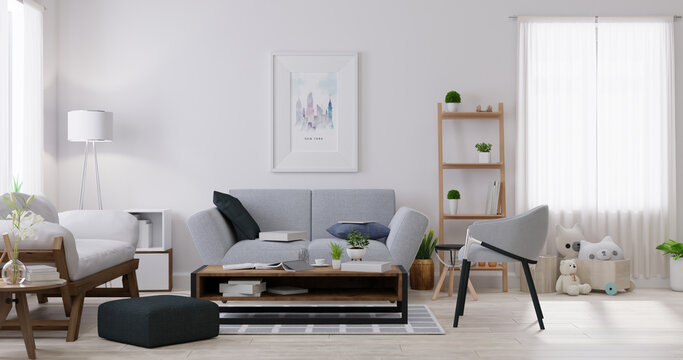Interior mock up living room with armchair ,TV on cabinet in modern living room with lamp,table,flower and plant on wooden wall background,3d rendering