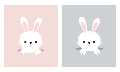Easter rabbit bunny, rainbows on pink and grey backgrounds vector illustration.