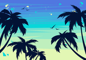 Vector illustration of a summer sunset on the beach with silhouettes of palm trees