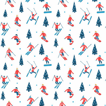 Skiers and snowboarders cartoon flat style. Ski resort. Winter sport activity. Seamless pattern