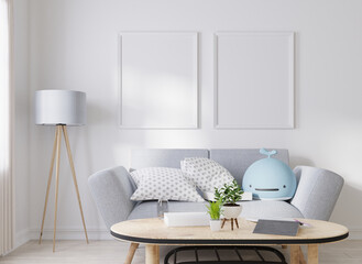 Mock up poster frame in modern interior background, living room, Scandinavian style, 3D render