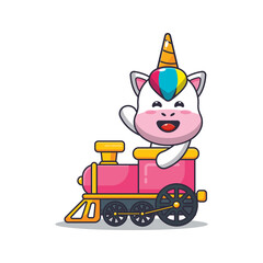 cute unicorn mascot cartoon character ride on train © Artprodite