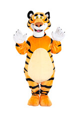 Man in a striped orange tiger costume posing on a white background, isolate. Holiday animator