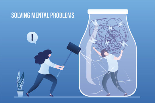 Stress burden, mental problem. Psychotherapist helps client with psychological problems. Confident woman smashes glass jar with hammer. Tired girl carrying heavy line on his head.