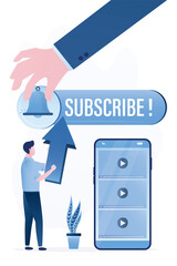Big hand hangs bell on subscription board. User holds arrow and clicks on subscribe button. Online notification. Smartphone with video channel or blog app, development concept.