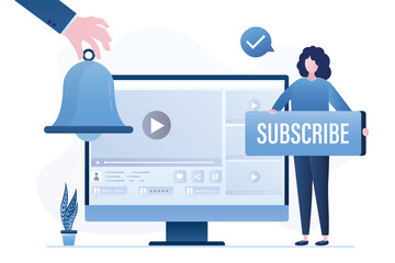 Monitor display with video channel or blog, media marketing concept. Hand gives ring bell. Online notification about new content. User or follower holds button - subscribe.