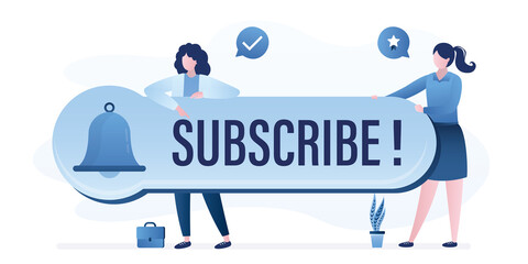 Women bloggers holds big subscription button. Online notification for followers or new users. Video channel promotion. Subscribe sign with ring bell. Blog development concept.