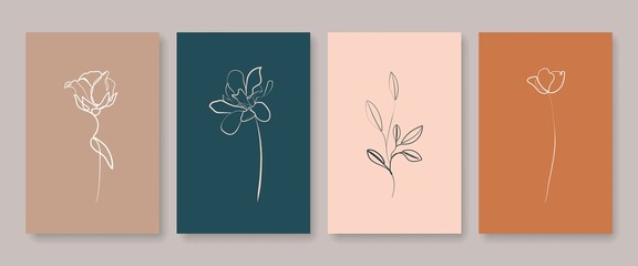 Botanical Wall Art Prints Vector Set of 4. Abstract Line Art Drawing with Flowers and Leaves. Minimal Plant Art Design for Wall Decor, Cover, Poster, Print. 