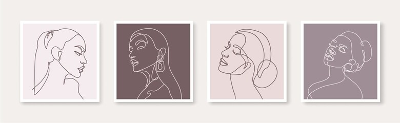 Set of Abstract Minimal Line Drawing of Woman Faces. Female Head Modern Minimalist Single Line Art. Woman Beauty Line Drawing for Wall Decor, Print, Poster, Social Media. Vector EPS 10