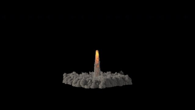 Flaming fire and smoke trail from a rocket launch or jet engine animated on a transparent alpha channel background.