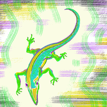 Beautiful illustration, drawing with a lizard on a light green background. T-shirt print.