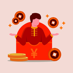 Chinese boy is very happy  gets gold coin money at his present called Ang Pao, it is the money in red packet from lunar New Year. Gift for lunar New Year. Vector colorful illustration.