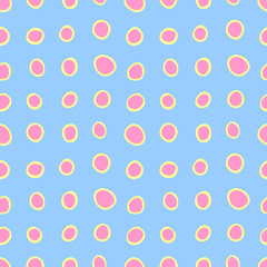 Spotty abstract vector seamless pattern. Random rings, dots, circles, spots, stains, bubbles, stones in row. Design for fabric, funny cute print. Repetitive graphic background and texture