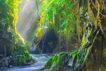 dream-like scenery, beautiful waterfalls between stone passages in the morning