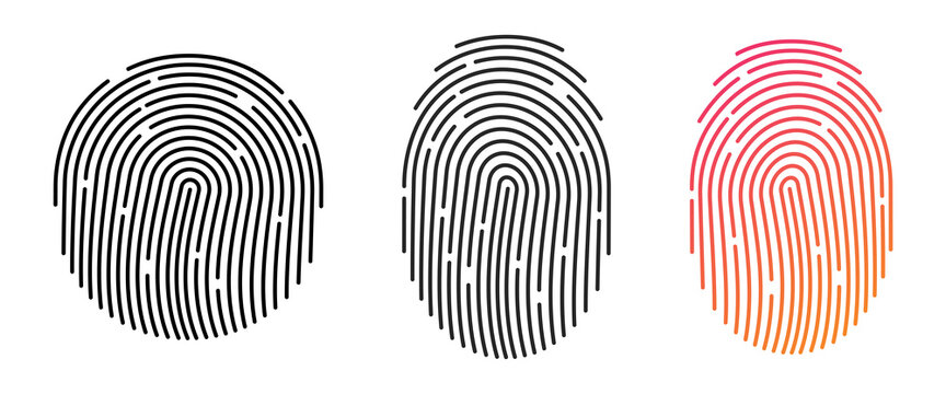 Fingerprint icons. Personal id identity. Press finger, scan for safety.  Unique touch id. Individual fingertip is verification in police. Semi-simplified fingerprint on white background. Vector