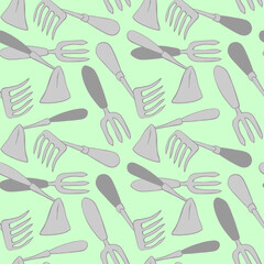 Seamless pattern with hoes. Hand drawn outline vector background and texture in doodle style, isolated. Gardening tools for working in the garden, on the farm, in the dacha, country site