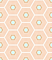 Seamless geometric hexagonal pattern with golden and turquoise, traditional textile design