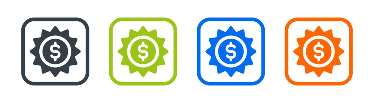 Dollar prize on badge icon set. Promotion label symbol