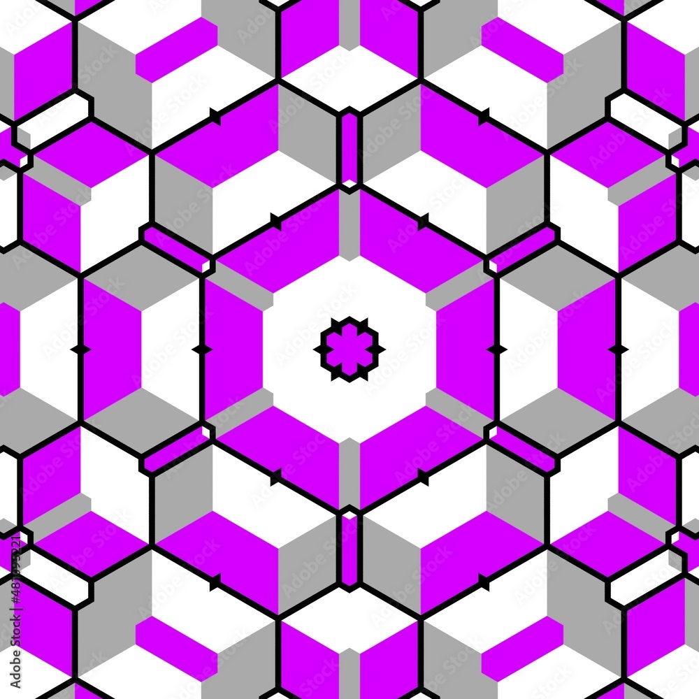 Poster bright vivid purple and white escher cube illusion puzzle patterns and hexagonal design