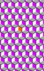 bright vivid purple and white Escher cube illusion puzzle patterns and design with a single orange coloured cube in the middle