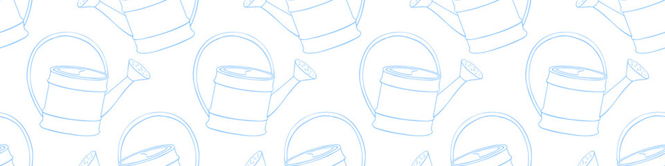 Seamless pattern with watering cans. Hand drawn outline vector background and texture in doodle style, isolated. Gardening tools for working in the garden, on the farm, in the dacha, country site